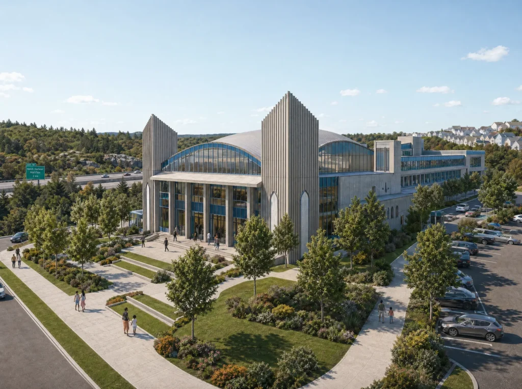 Front entrance render of Sabeel centre