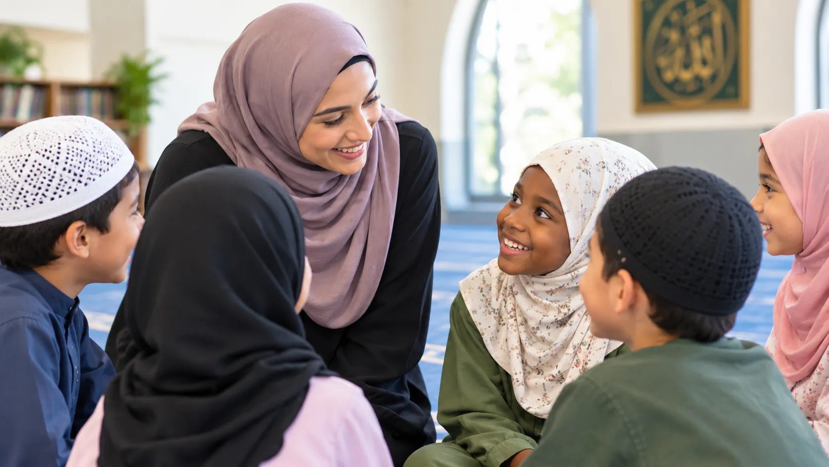 Muslim teacher attending to kids